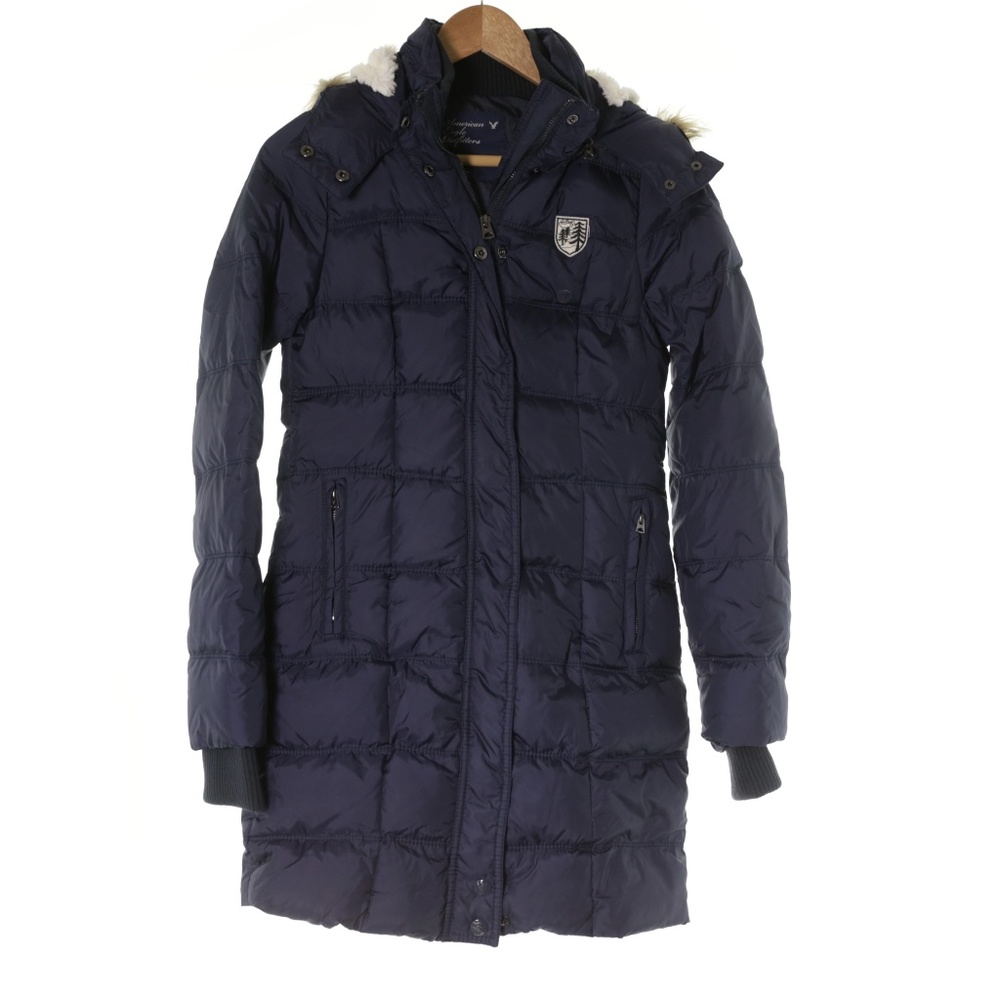 NWOT American Eagle Quilted Down Faux Fur Hooded Navy Puffer Parka Jacket S